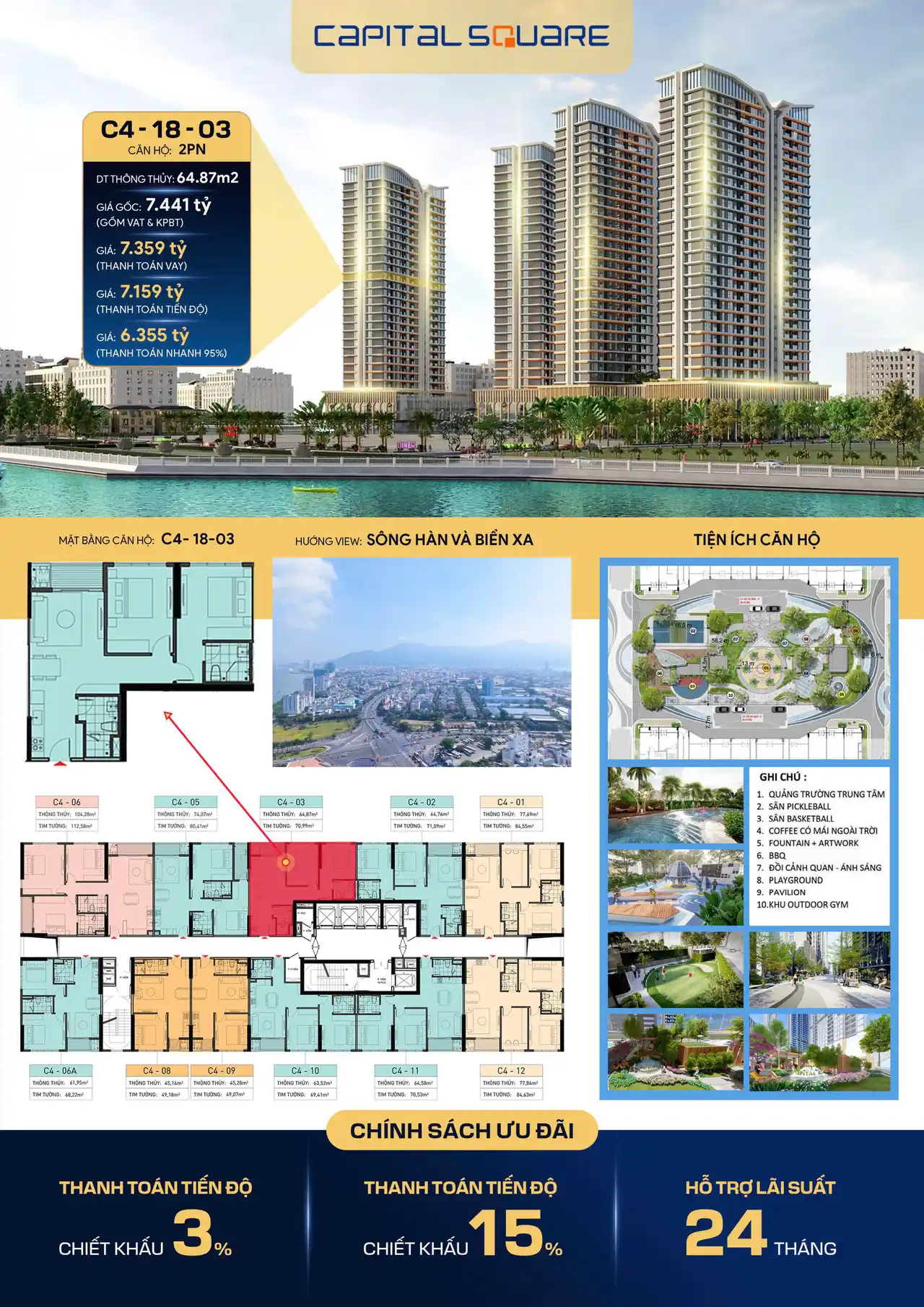 Capital Square Đà Nẵng | Bảng Giá Gốc & CK 15% (Đợt 1) 13 Căn hộ C4-18-03 dự án Capital Square Đà Nẵng – diện tích 64.87m², view sông Hàn, chiết khấu đến 15%