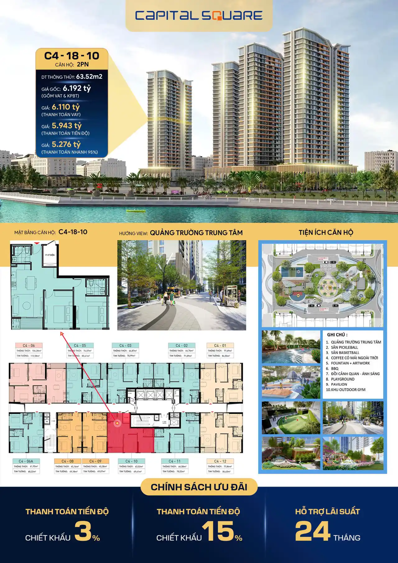 Capital Square Đà Nẵng | Bảng Giá Gốc & CK 15% (Đợt 1) 14 Căn hộ C4-18-10 thuộc dự án Capital Square Đà Nẵng – diện tích 63.52m², view quảng trường trung tâm, giá từ 5.276 tỷ