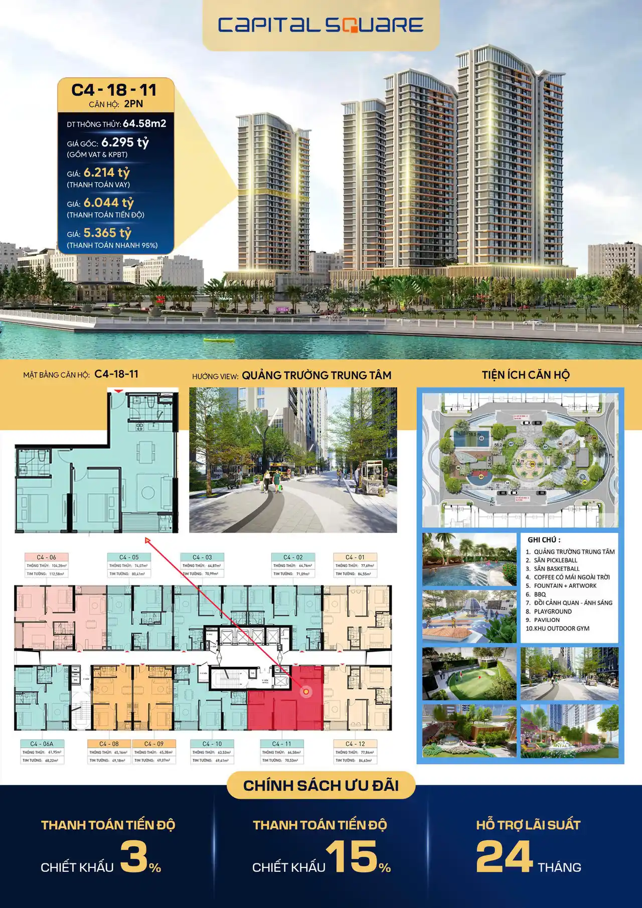 Capital Square Đà Nẵng | Bảng Giá Gốc & CK 15% (Đợt 1) 15 Căn hộ C4-18-11 dự án Capital Square Đà Nẵng – diện tích 64.58m², view quảng trường trung tâm, giá chỉ từ 5.365 tỷ