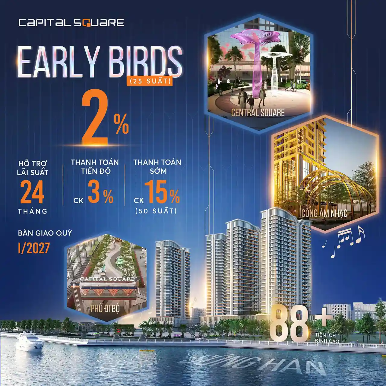 Ưu đãi Early Birds Capital Square Đà Nẵng – Chiết khấu lên đến 15%, hỗ trợ lãi suất 0% trong 24 tháng, bàn giao quý I/2027