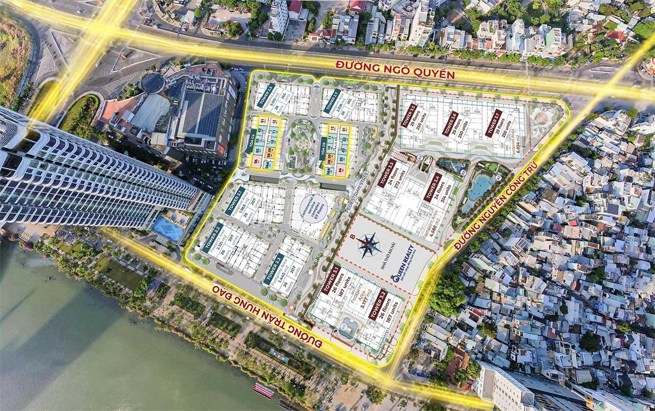 Mặt bằng tổng thể Capital Square Đà Nẵng – dự án căn hộ cao cấp ven sông Hàn với 7 tòa tháp, 88+ tiện ích, quảng trường trung tâm và phố đi bộ ánh sáng, do BRG phát triển tại vị trí vàng giữa đường Ngô Quyền, Trần Hưng Đạo và Nguyễn Công Trứ.